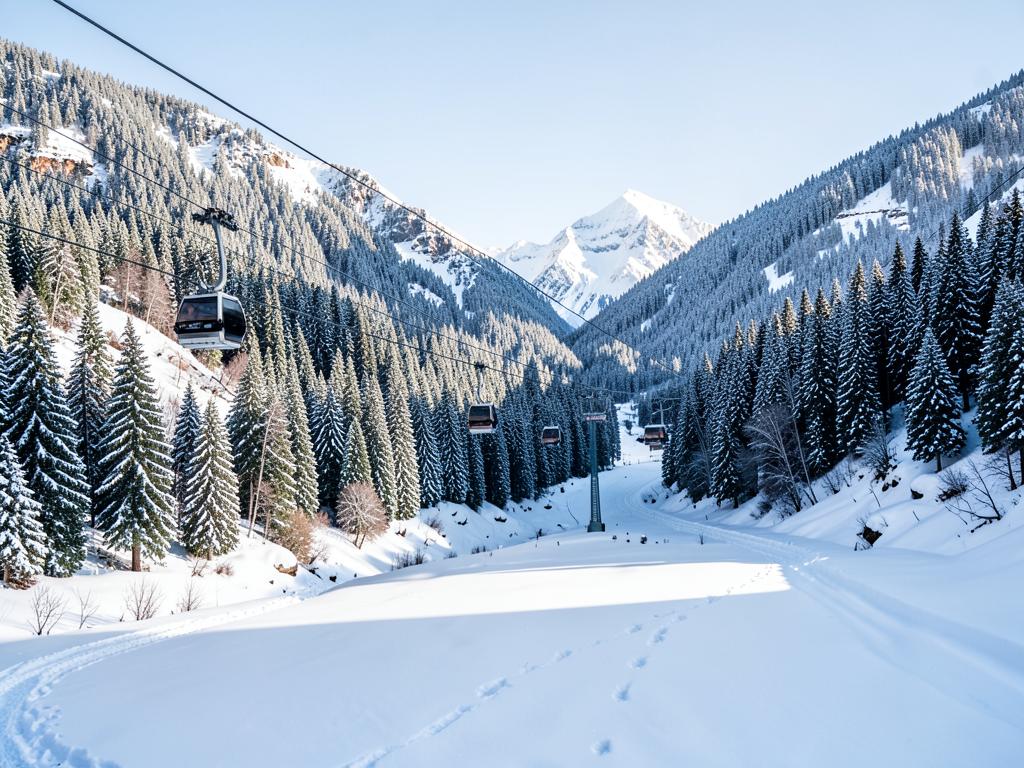 Snow covered slopes and gondola cable car at Gulmarg