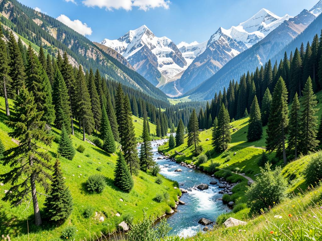 Pine forests and a river running through the Pahalgam valley