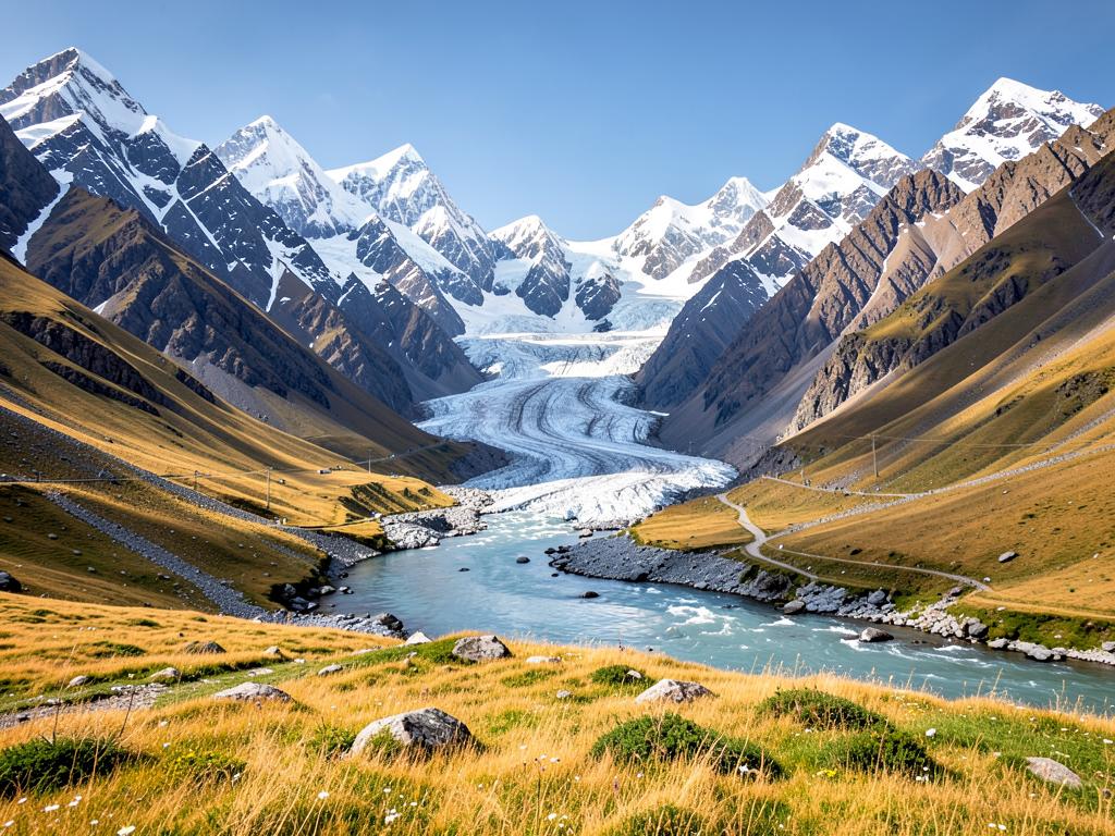 Glacier and river in the Sonamarg valley surrounded by snow peaks