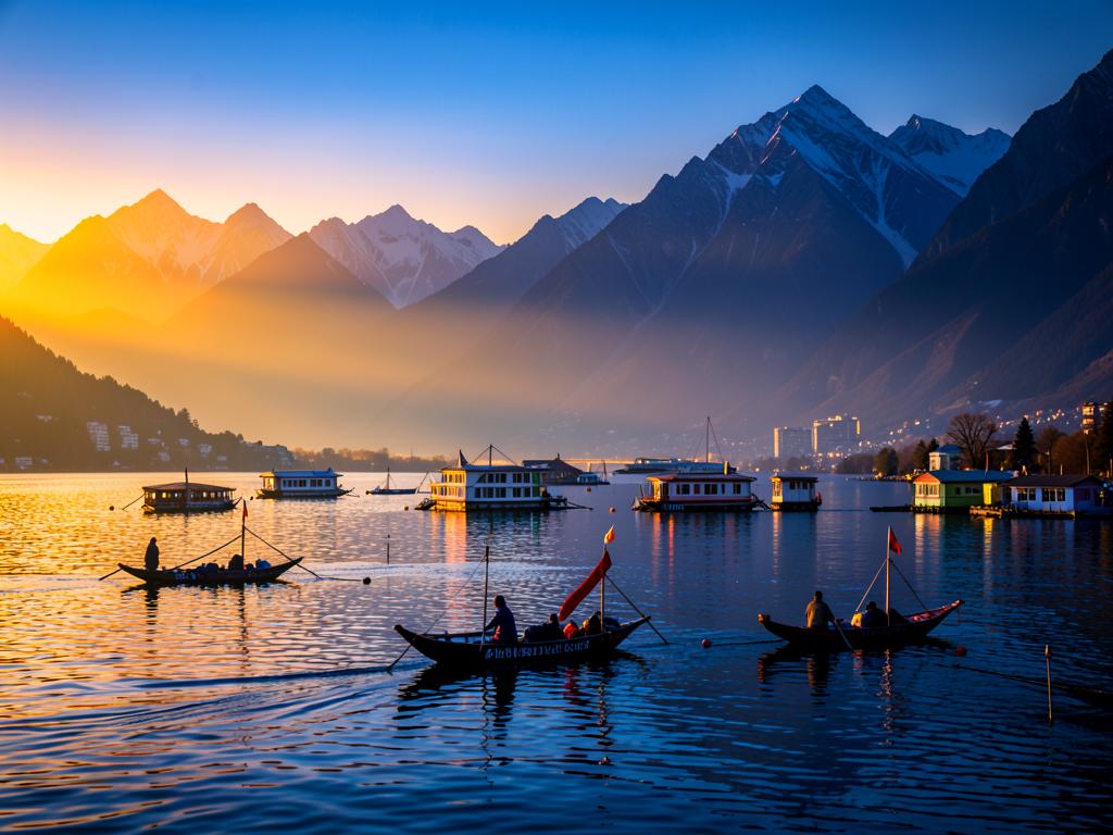 Shikara boats and houseboats on Dal Lake in Srinagar at sunrise
