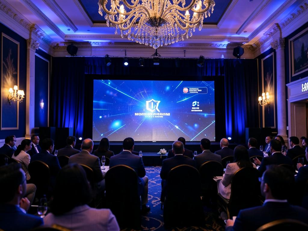 Corporate conference in a ballroom with a large LED screen and seated delegates